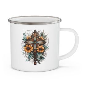 Enamel Camping Mug, Blue Brown Yellow Christian Cross Floral Bouquet