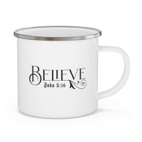 Enamel Camping Mug, Believe John 3:16 Black Illustration