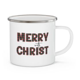 Enamel Camping Mug, Merry With Christ, Red And Green Plaid Christmas Holiday Pattern Print