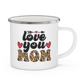 Enamel Camping Mug, Love You Mom Leopard Print - Black