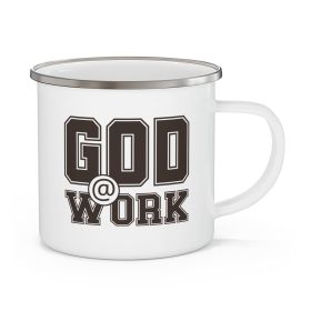 Enamel Camping Mug, God @ Work-Brown/White