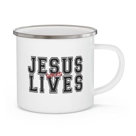 Enamel Camping Mug, Jesus Saves Lives - Black/Red