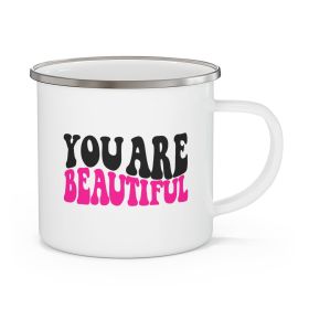 Enamel Camping Mug, You Are Beautiful Retro Wavy - Pink/Black